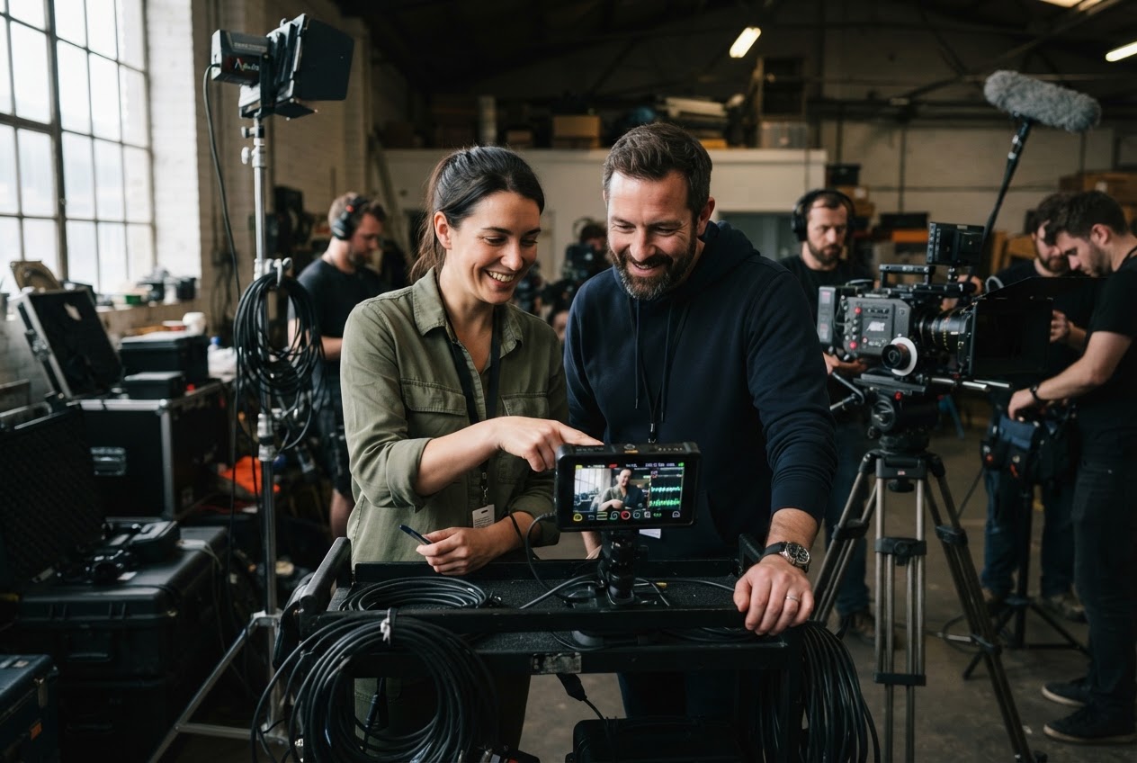 Digital Forge Media founders reviewing footage together on set