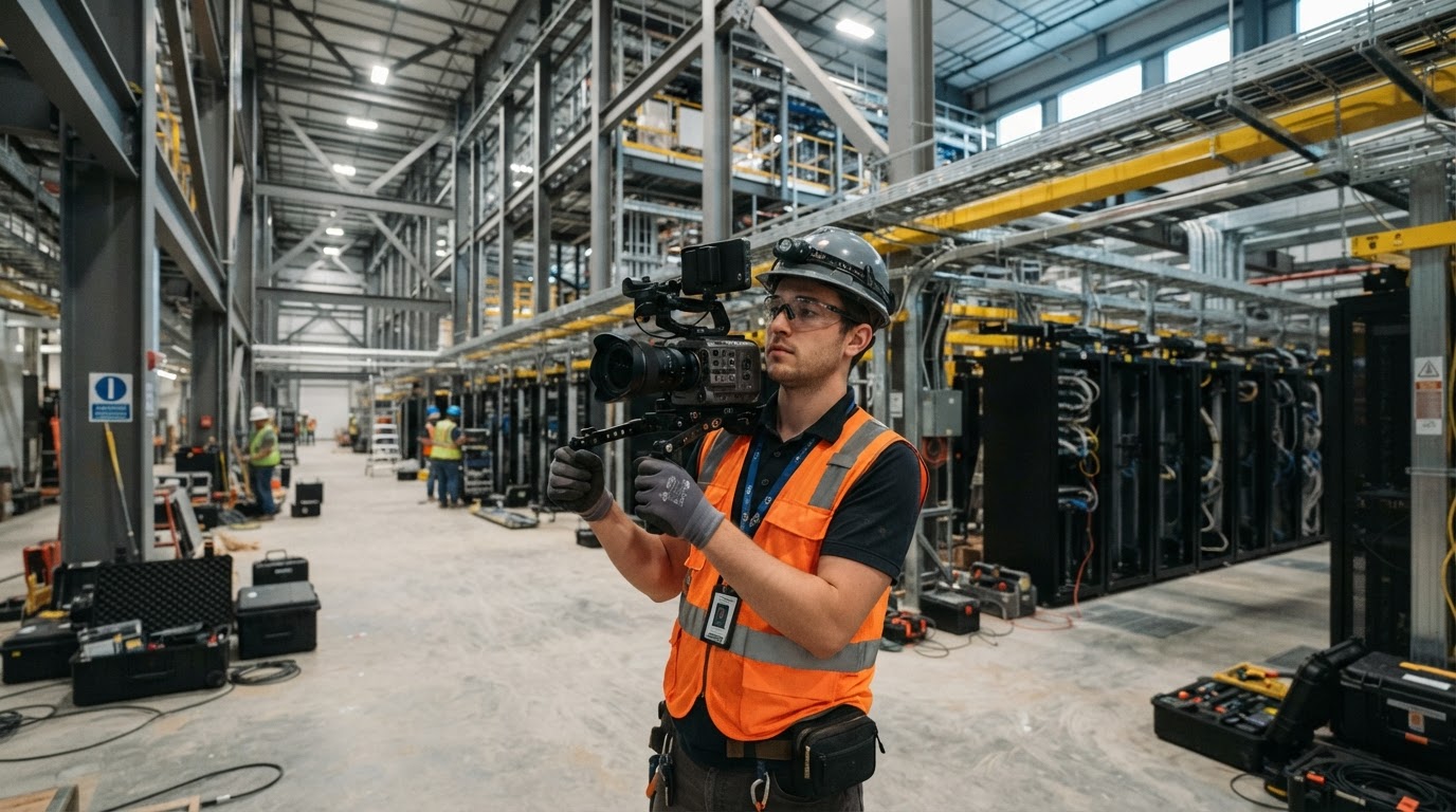 Videographer filming inside an active data center construction site