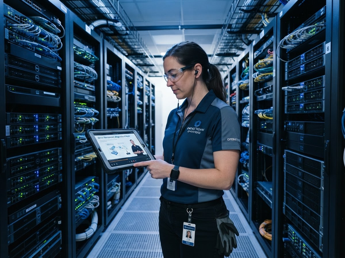 Facility operator reviewing an owners training video on a tablet inside a data center