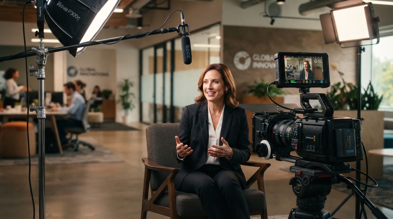 Corporate executive being filmed for an on camera interview