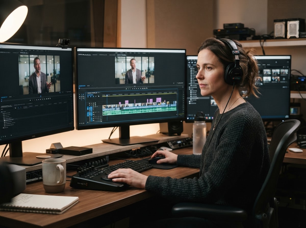 Video editor reviewing corporate interview footage at a multi monitor workstation