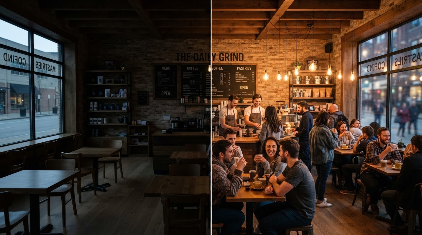 Split comparison of a business before and after consistent marketing, empty storefront versus a busy one