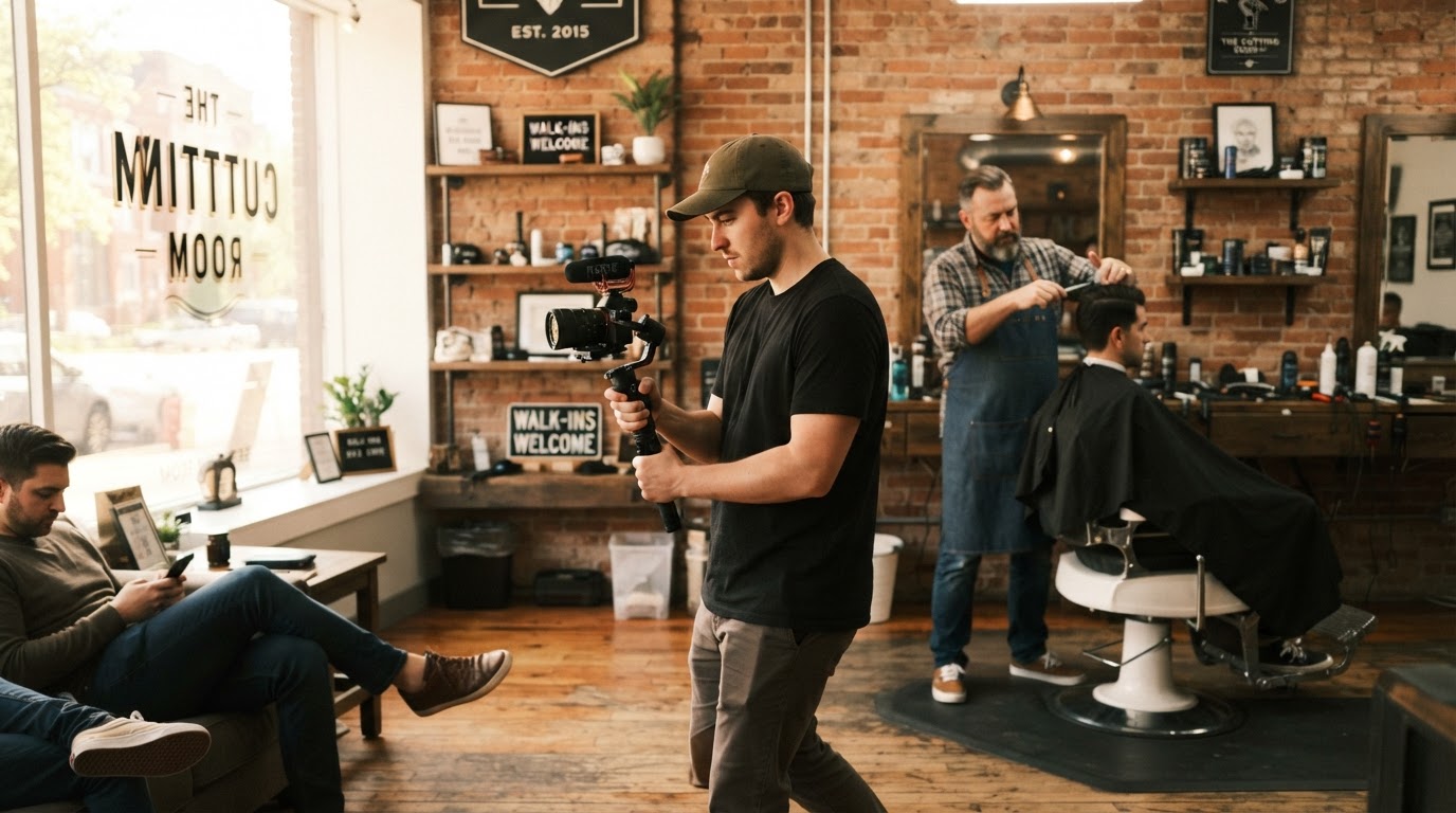 Videographer filming inside a local barbershop